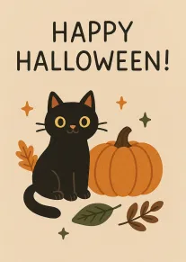 Black cat sits beside pumpkin under Happy Halloween text with autumn leaves and stars design.
