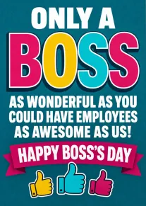 Colourful boss's day card with bold lettering, thumbs-up icons, and a humorous appreciation message inside.
