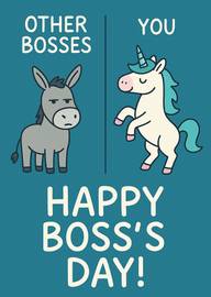 Happy Boss's Day Card with Unicorn and Donkey Cartoon