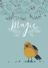 Teal card with a bird, white leafy accents, berries, and the word Magic centered below.