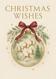 Christmas wishes card with reindeer ornament and bow