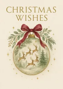 Watercolor Christmas ornament with reindeer, red bow, and Christmas Wishes text on a cream background.