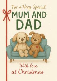 Cute stuffed dog toys on couch Christmas card for Mum and Dad