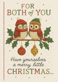 Cute Christmas card featuring two owls with festive hats on holly branch