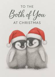 Cute pair of penguins wearing red Santa hats Christmas card