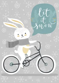 A rabbit rides a bicycle through falling snow beside speech bubble saying let it snow.
