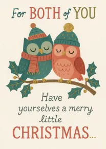 Two knitted owls in hats and scarves cuddle on a holly branch with Christmas wording.
