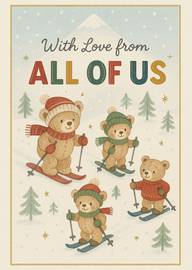Four cute skiing bears with love from all of us message