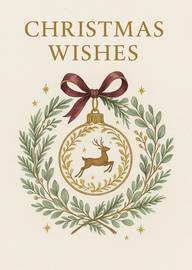 Elegant Christmas card with wreath, reindeer bauble and bow