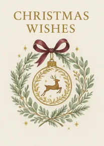 Cream card with Christmas Wishes gold reindeer ornament burgundy bow and leafy botanical wreath design.