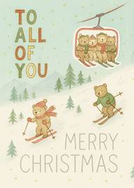 Watercolor bears skiing and riding ski lift Christmas card