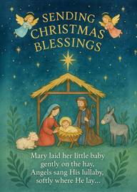 Nativity scene with angels sending Christmas blessings
