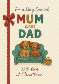 Stitched Christmas card with two dogs on a sofa for a special mum and dad.