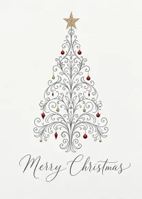 Decorative Christmas tree with gold star, red ornaments and Merry Christmas script on white background.