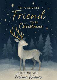 Christmas card with golden reindeer and festive wishes for friend