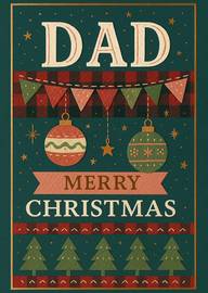 Dad Merry Christmas card with ornaments and pine trees