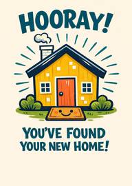 Bright yellow house with smiling doormat congratulating new home