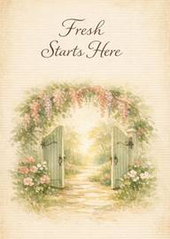 Watercolor card with open garden gate and fresh starts message