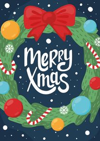 A festive Merry Xmas card with a wreath, bow, ornaments, candy canes and snowflakes background.