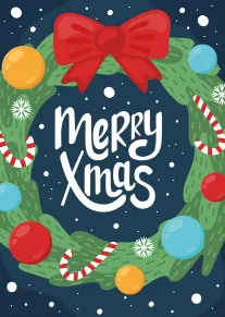 A festive Merry Xmas card with a wreath, bow, ornaments, candy canes and snowflakes background.