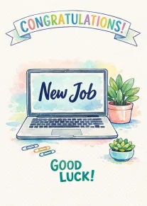 Watercolour laptop with New Job, Congratulations, Good Luck and potted plants on a soft background.