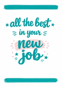 Teal hand-lettered card saying all the best in your new job with pink accents.
