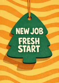 Green tree-shaped tag on orange waves with bold New Job Fresh Start message card design.