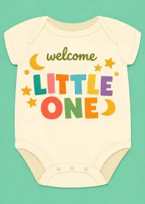 Cream baby bodysuit with welcome little one text, stars, moon, and colorful letters on green.