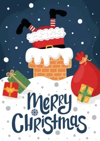 Festive card with Santa legs in chimney, snowy night sky, gifts, and Merry Christmas text.
