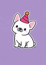 Cute white dog wearing pink party hat on purple background