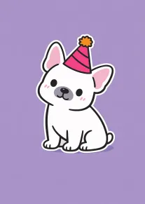 White cartoon dog wearing a pink party hat sits on a purple background smiling sweetly.