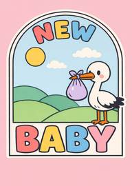 Cute stork carrying bundle with new baby announcement