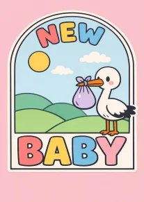 Cartoon stork carries a bundle beside NEW BABY text over pastel hills and clouds sky.