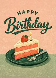 Slice of birthday cake with candle and strawberry on plate