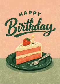 Happy Birthday text above a slice of strawberry cake with candle on a green plate.