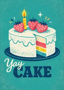 Retro birthday card with strawberry topped cake, candle, and Yay Cake text on teal background.