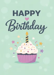 Birthday card with pastel cupcake, candle, hearts, stars and Happy Birthday text on mint background.