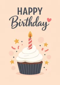 A soft pastel birthday card with cupcake, candle, hearts, stars and confetti on beige background.