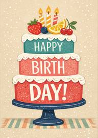 Three tier birthday cake with candles and fruits illustration