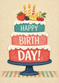 Colorful layered birthday cake with fruit toppings, candles, and bold Happy Birth Day lettering centered.