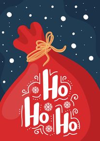 Red Santa sack with Ho Ho Ho lettering against a snowy dark blue winter sky.