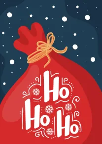 Red Santa sack with Ho Ho Ho lettering against a snowy dark blue winter sky.