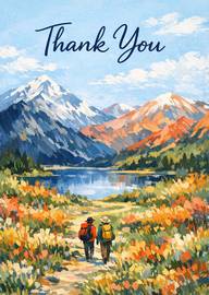 Thank You Card with Hikers in Mountain Meadow Landscape