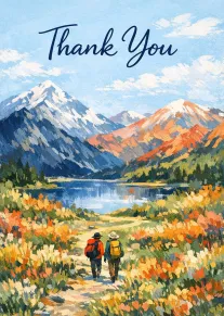 Two hikers walk toward a mountain lake beneath thank you text in a painted landscape.