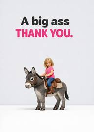Doll riding donkey with humorous big thank you text card