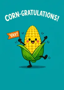 Cute smiling corn holding a Yay flag beneath Corn-gratulations text on teal background, playfully designed.