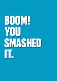 Bold blue card with white text congratulating success