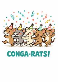 Cute cartoon rats wearing party hats dancing conga line