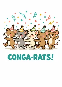 Five party hat mice dance under confetti with Conga-Rats text on a cheerful white card.