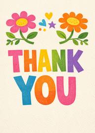 Colorful thank you card with flowers hearts and star design